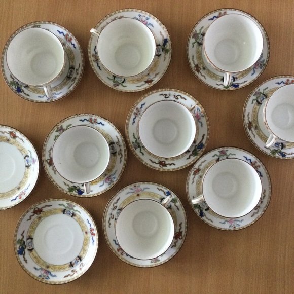 18pcs Hand painted Noritake Green M in wreath mark 8 cups & 10 saucers eggshell - Picture 3 of 12